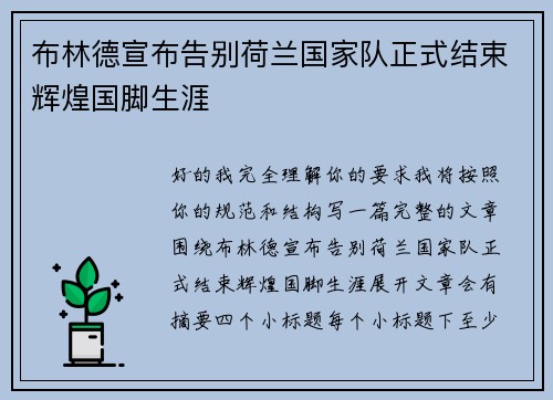 布林德宣布告别荷兰国家队正式结束辉煌国脚生涯 布林德宣布告别荷兰国家队正式结束辉煌国脚生涯